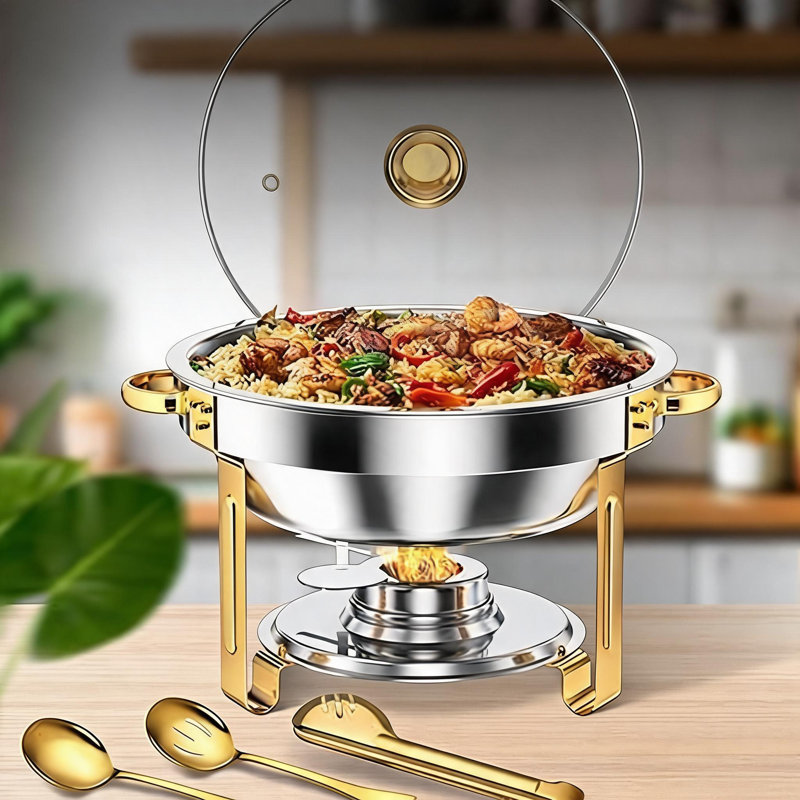 4 Pack Food Warmer 5Qt Stainless Steel Round Chafing Dish Buffet Set with Tempered Glass Lids, Folding Stands, Fuel Holders for Catering, Weddings, Parties, Banquets