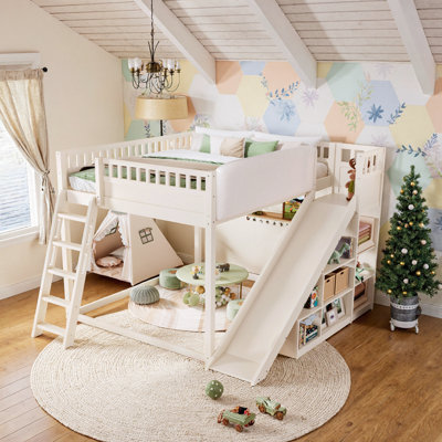 UnaNoxa Queen Size Loft Bed With Upholstered Headboard, Storage Shelves & Slide, Pine Construction
