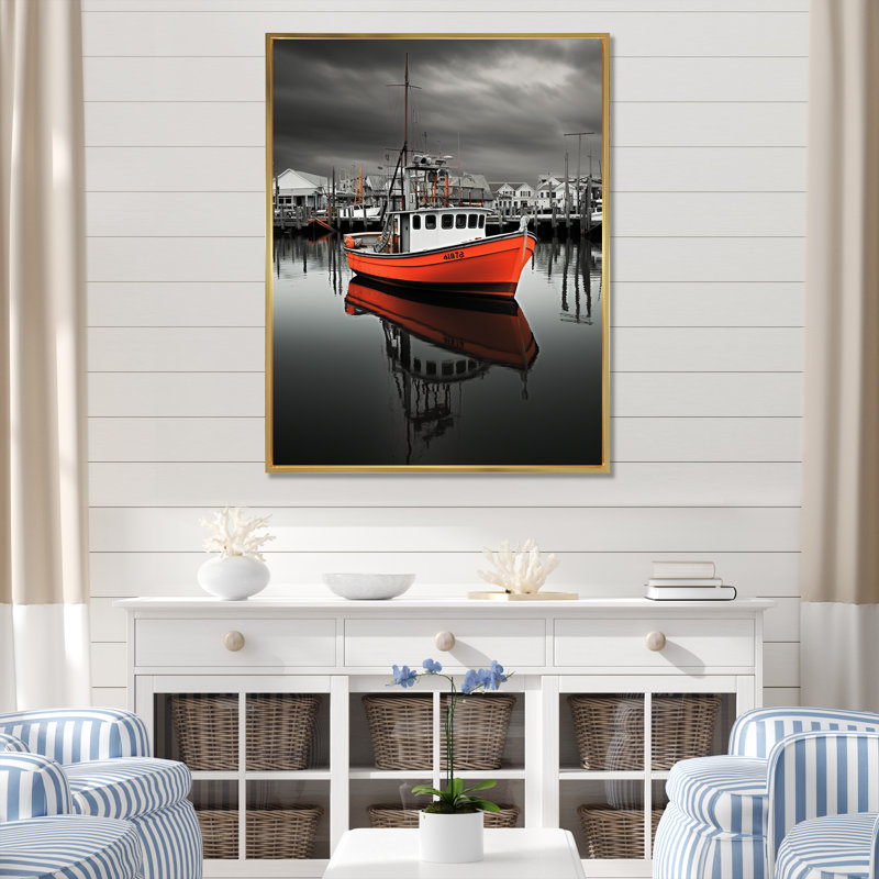 Port Port Silhouette I - décoration murale nautique et plage, H 32 po x l 24 po x P 1 po, Cadre flottant doré