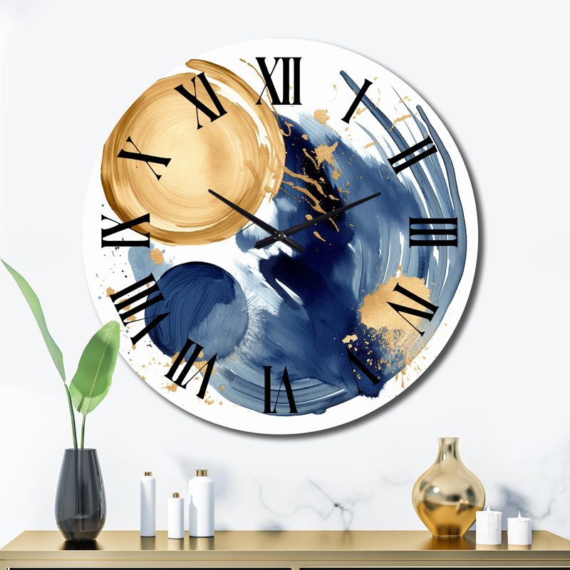Horloge murale géométrique moderne à motif abstrait bleu foncé et doré II, Très grand