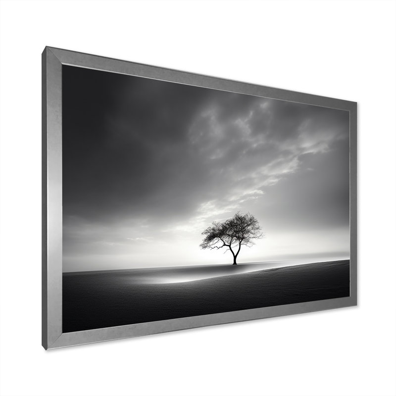 Horizon d'arbre monochrome noir et blanc - salon d'art mural plage et océan, Cadre simple argenté