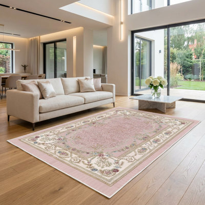 Tapis de couloir rectangulaire à motif floral rose / crème Aveline