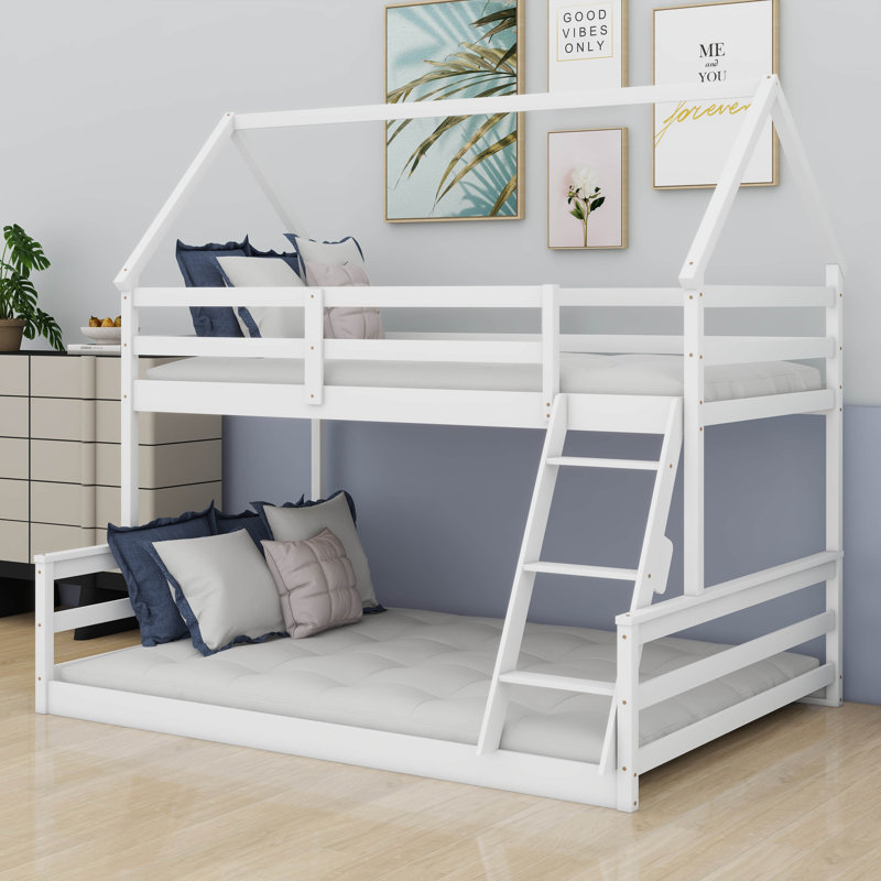 House Floor Bunk Bed With Ladder Twin Over Full,Wood Low Bunk Bed For Kids Juniors, Space-Saving,No Box Spring Needed, White