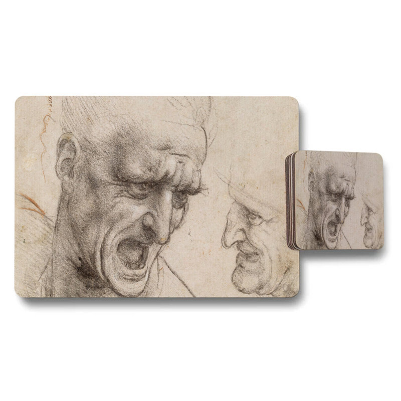 Angry Faces Sketch Placemat And Coaster Set With Vintage Art Style