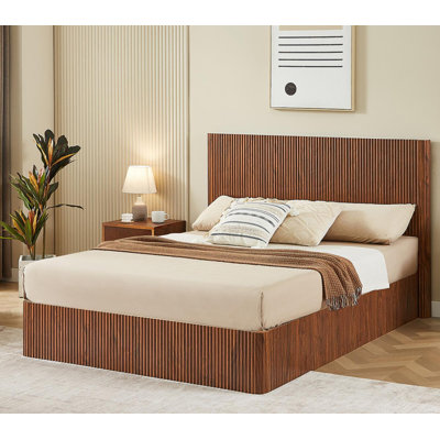 Queen Size Lift Up Storage Bed Frame, Wooden Corrugated Curved Lines, Hydraulic Storage