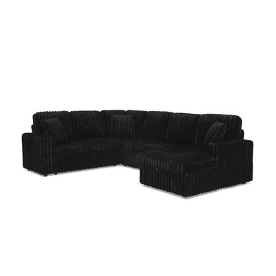 Corduroy Striped Upholstered Sofa, Modern Minimalist U-Shaped Combination Sofa, Pull - Out Bed & Storage Chaise, Seat Soft Couch (Assembly Is Required)