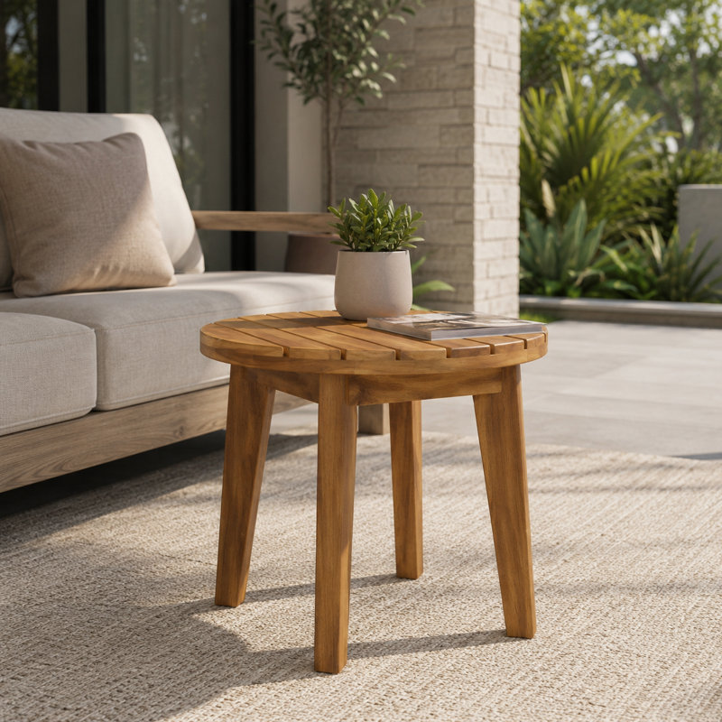 Table d'appoint ronde ronde en bois d'acacia avec plateau à lattes, Teck