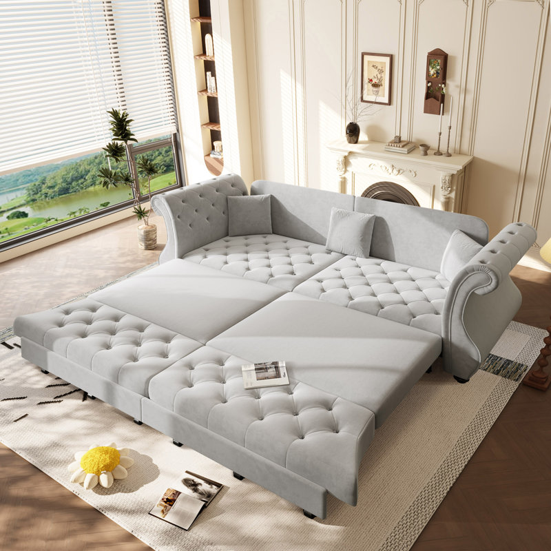 Canapé-lit convertible classique 3-en-1 Chesterfield, canapé en velours avec accoudoirs roulés et capitonnage floral, 4