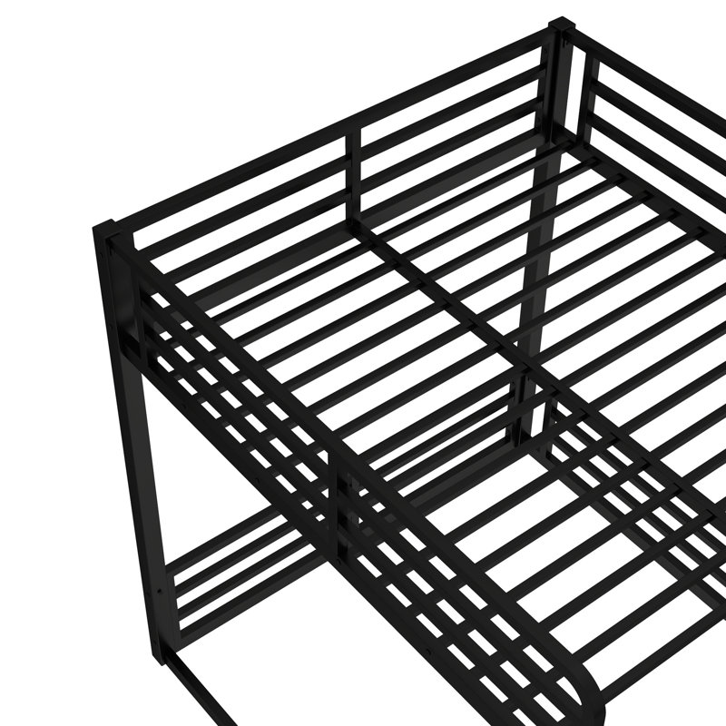 Full Xl/Full Xl Black Metal Floor Bunk Bed, Guardrails, Easy Assembly, Space - Saving Heavy Duty Dimensions, Noise Reduced, Safe For Transitioning