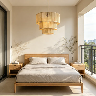Luminaire suspendu en lustre en rotin Boho, abat-jour plafonnier tissé à la main à 3 niveaux, luminaire suspendu de style campagnard de 12,6 pouces pour le salon, îlot de cuisine, cordon réglable, beige