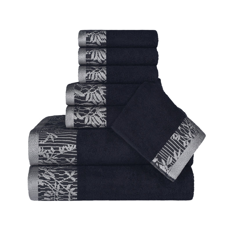 Ensemble de serviettes de bain en coton de poids moyen à bordure florale en jacquard pour la salle de bain Carinna, Noir