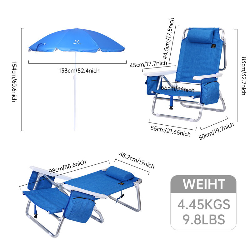 Folding Backpack Beach Chair with Built-In Cooler, Umbrella, and Cup Holder, for Outdoor Use (Blue - 1 Pack)