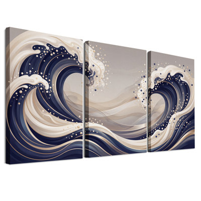 Navy Blue And Beige Swirling Waves Set Of 3 Canvas Wall Art