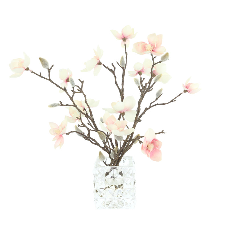 Magnolias disposés dans un vase en verre, Rose / blanc / brun