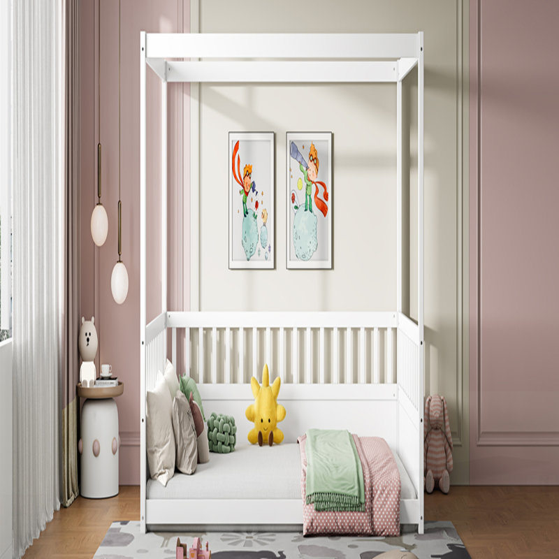 Cadre de lit à baldaquin avec garde-corps pour enfants, lit à plancher à baldaquin, idéal pour un sommeil sûr et confortable dans les chambres d'inspiration Montessori.