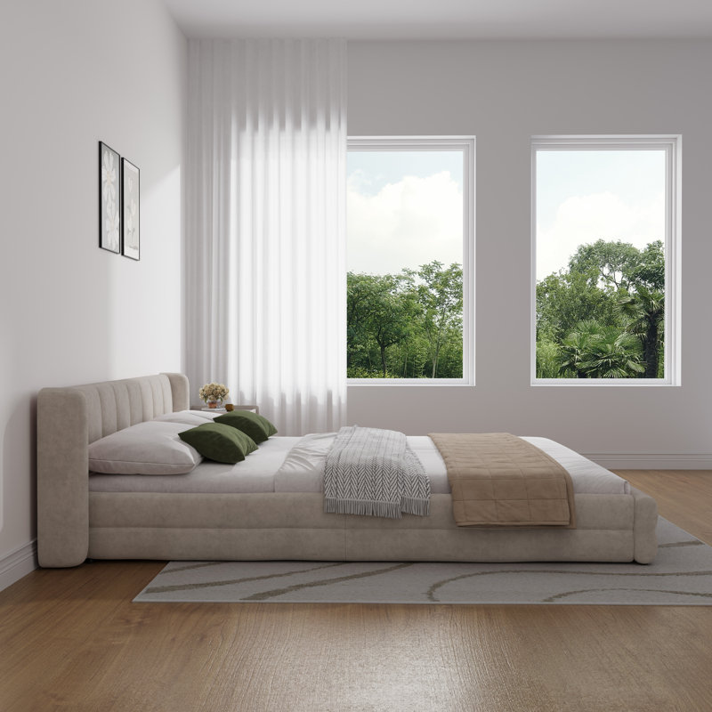 Queen Size Chenille Upholstered Low Bed Frame,   Platform Bed With Wingback Headboard, Beige, Queen