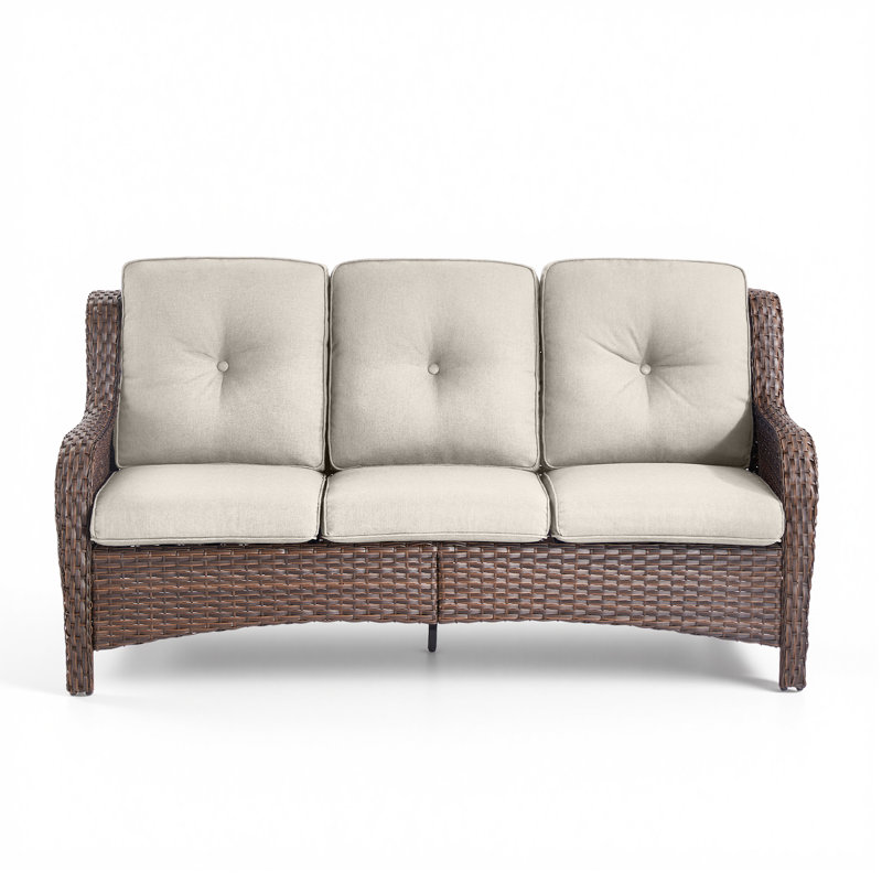 Carolina 72'' Wide Outdoor Wicker Patio Sofa with Cushions, Beige Performance, Brown