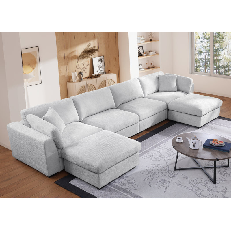 Upholstered Wide Seat Modular Sectional Sofa With 2 Oversized Ottomans, Gray Polyester