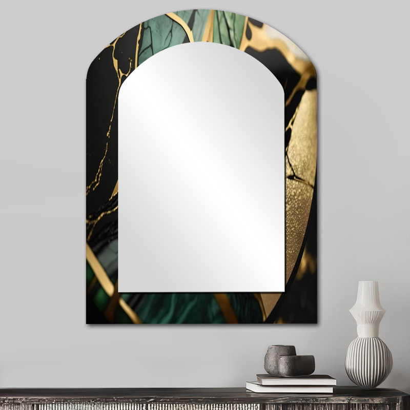 Abstrait Geode Green III - miroir décoratif en marbre, miroir mural asymétrique moderne, impression sur métal, 34 po x 25 po