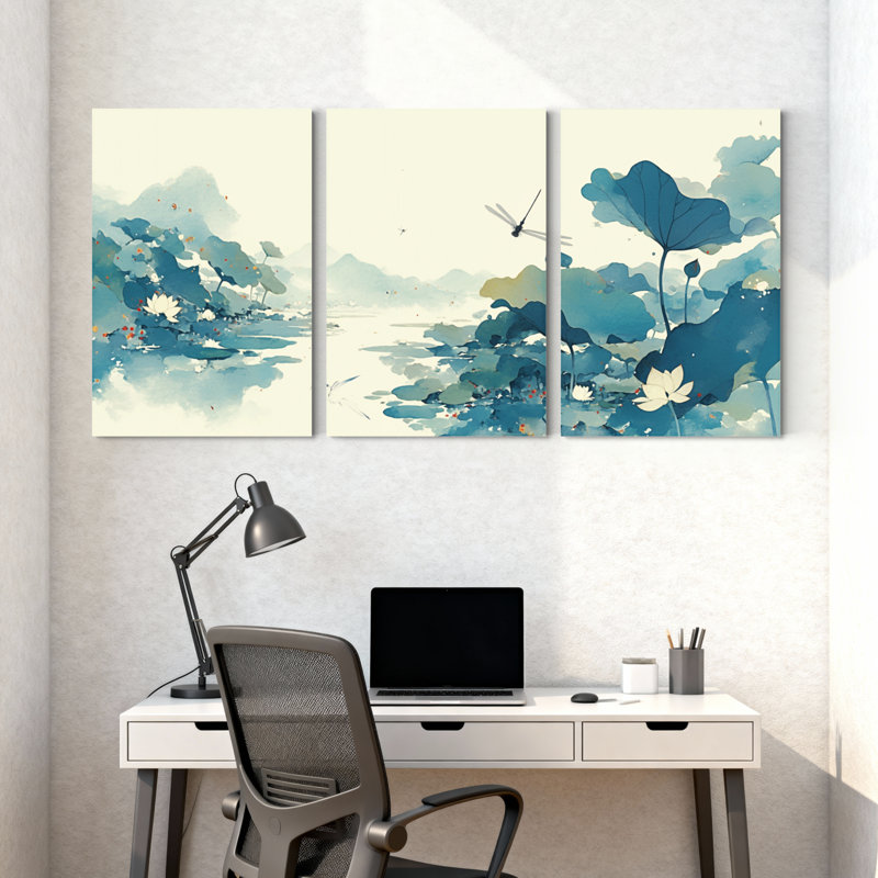 Paysage et nature, nénuphar, paysage avec libellule et montagnes, ensemble de 3 impressions sur toile, H 30 po x l 60 po