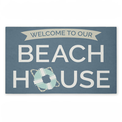 Beach House with Life Ring Printed Outdoor Door Mat, design by Dana Saulnier, 18"x30"