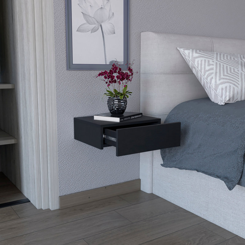 Floating Bedside Table with Drawer - Space-Saving Wall Mounted Nightstand, Black
