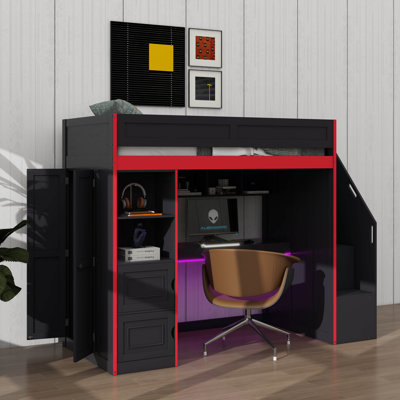 Lit mezzanine simple orienté jeu, équipé d'un bureau, d'un rangement et d'un éclairage intégré