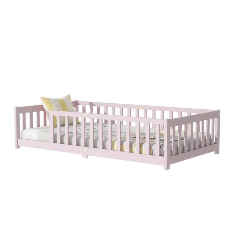 Lit simple au sol avec clôture sans porte, lit en bois d'hévéa avec barrières de sécurité, rose, Rose