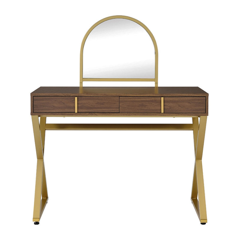 2 Drawers Vanity Desk With Mirror And Jewelry Tray, Walnut And Gold