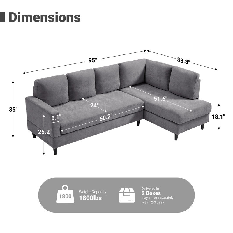 95" Upholstered L Shaped Sofa Modern Sectional, Light Gray Chenille