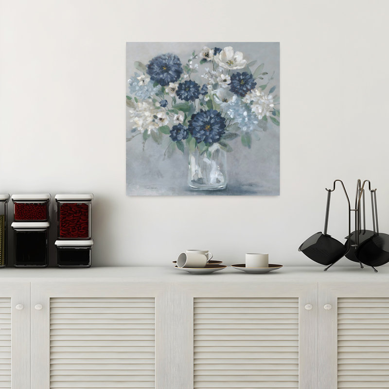 «Bold Indigo Bouquet», art mural contemporain abstrait, H 18 po x l 18 po