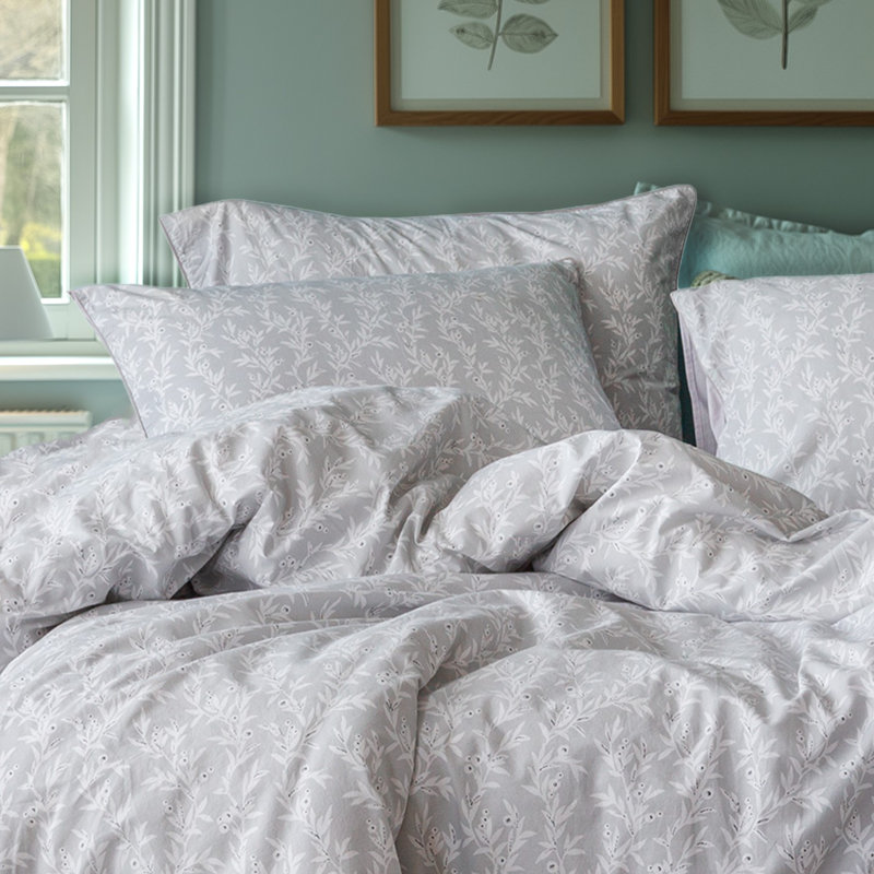 Percale 200 TC Reversible Duvet Cover Set, Super King - 2 Standard Pillowcases, Floral, Grey/White