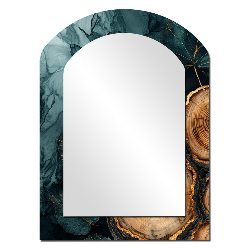 Agate River Of Leaves Wood Slide II - Grand miroir mural arqué sur métal, 34 po x 25 po