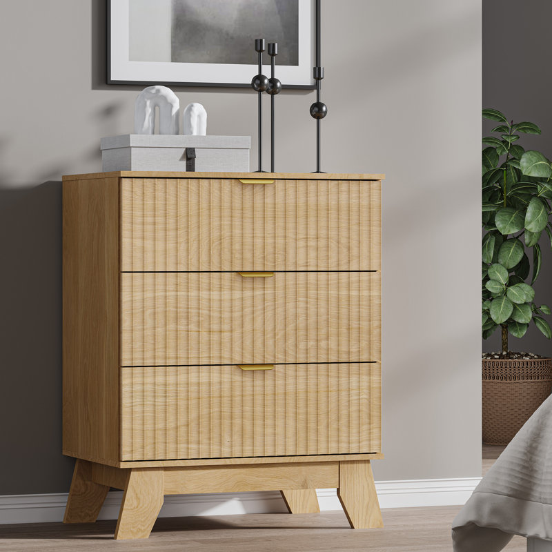 Fluted 3 -Drawers Dresser For Bedroom With Dresser Organizer, 23.6''W Wood Wide Chest of Drawers ,Nightstand, Beige