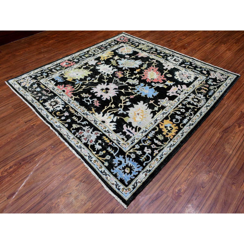 Tapis noir / ivoire noué à la main de conception unique nouvel âge 7 pi 10 po x 7 pi 8 po Urmas