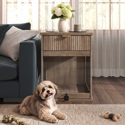 Table d'appoint pour chien avec station de charge, verre trempé, acier inoxydable et panneau de fibres à densité moyenne, 1 pièce, table d'appoint pour chenil pour chien, gris antique, porte en verre et tiroir de rangement