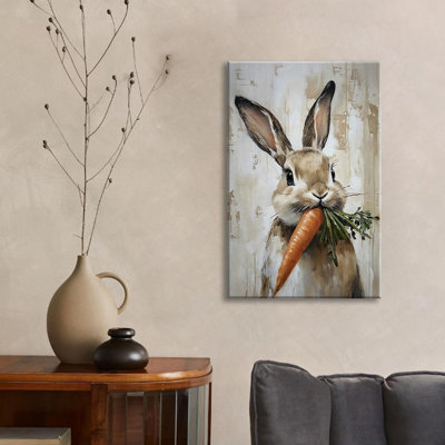 Lapin de Pâques, art mural sur toile, affiche de carotte mangeant un lapin, reproduction de pépinière pour mur, reproduction d'art printanière neutre, photo animalière rustique pour chambre d'enfant, salle de jeux, toile tendue 8 x 10