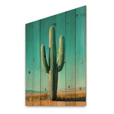 Saguaro Cactus And The Desert Sky II - Floral Cactus Wood Wall Decor - On Natural Pine Wood