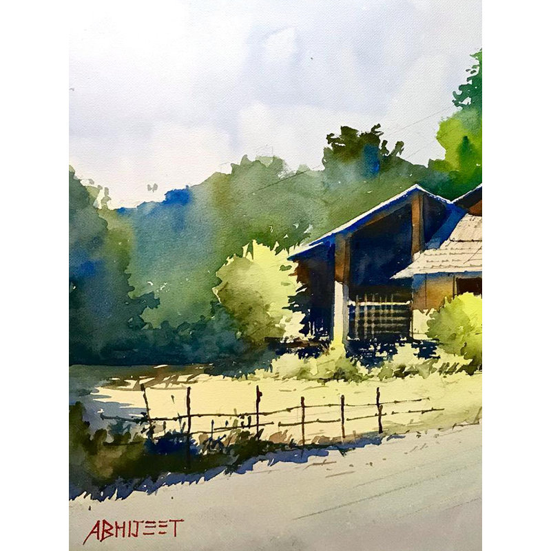 Maison sur la route du village | Aquarelle par Abhijeet Bahadure