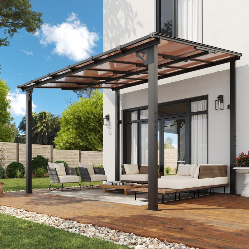 10' x 12' Gazebo for Patio, Gazebo Pergola with Sloped Roof, Large Wall-Mounted Heavy Duty Awnings