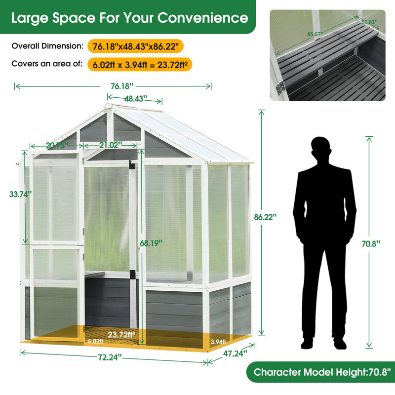 Greenhouse, Wooden Greenhouse Polycarbonate Garden Shed for Plants