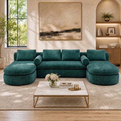 Canapé d'angle en forme de U de 157,5 po de largeur, recouvert de tissu, avec double méridienne, coussins cylindriques et oreillers.