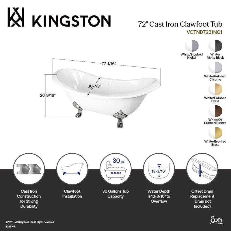 Kingston Brass Aqua Eden 72-Inch Cast Iron Oval Double Slipper Clawfoot Tub (No Faucet Drillings), Matte Black