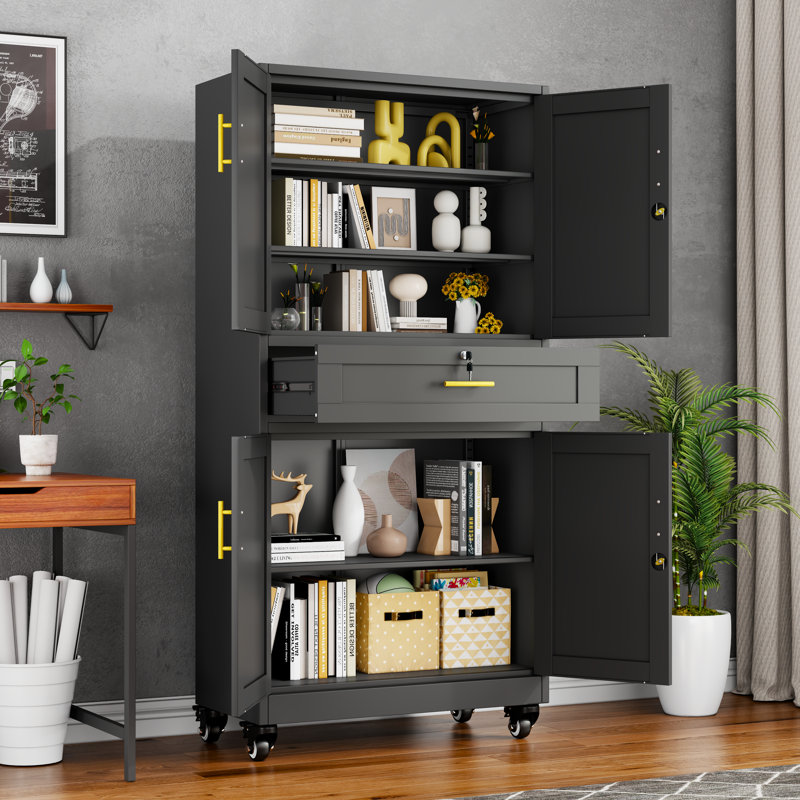 Armoire de rangement de 75 po de hauteur avec roulettes et tiroirs pour la maison, le bureau et les garages, Noir
