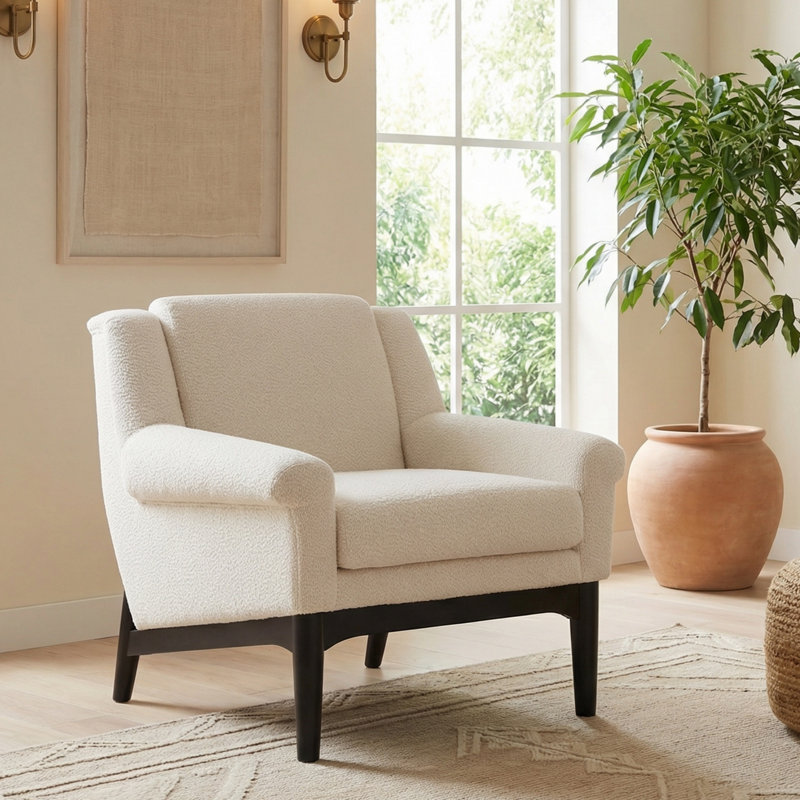 Chaise d'appoint rembourrée avec pieds en bois massif, fauteuil pour le salon, Beige bouclé, Noir