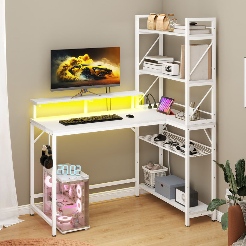 Darnecia L-Shaped Computer Desk with Power Outlet, White