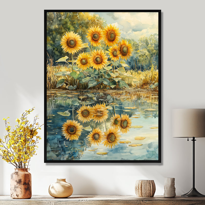 Dorna Sunflowers In Reflection III - Tournesols, reproductions encadrées, H 20 po x l 12 po, Reproduction avec cadre flottant
