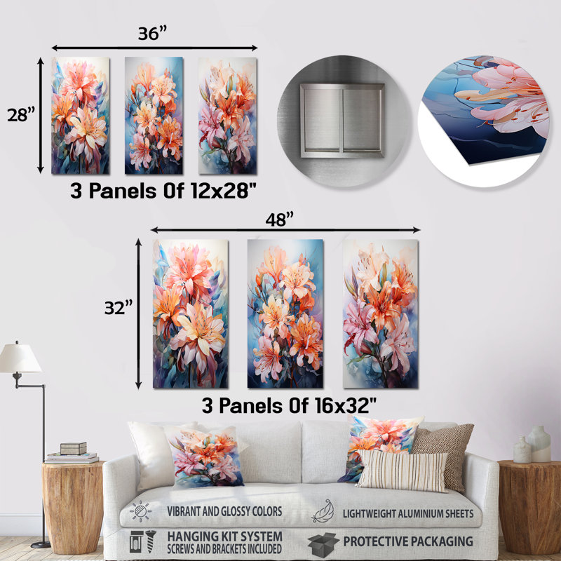 Joyeux bouquet d'hibiscus tropical - ensemble de 3 impressions murales en métal hibiscus, H 32 po x l 48 po