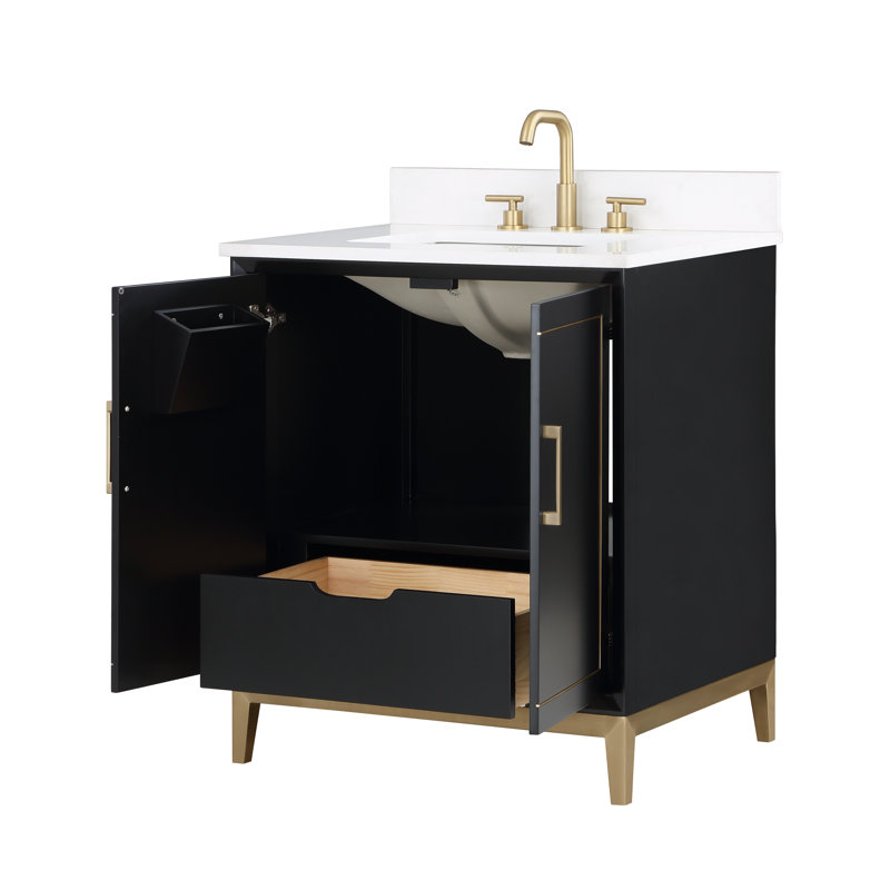 Gracie 30'' W Single Vanity, Midnight Black, Satin Brass, White Quartz