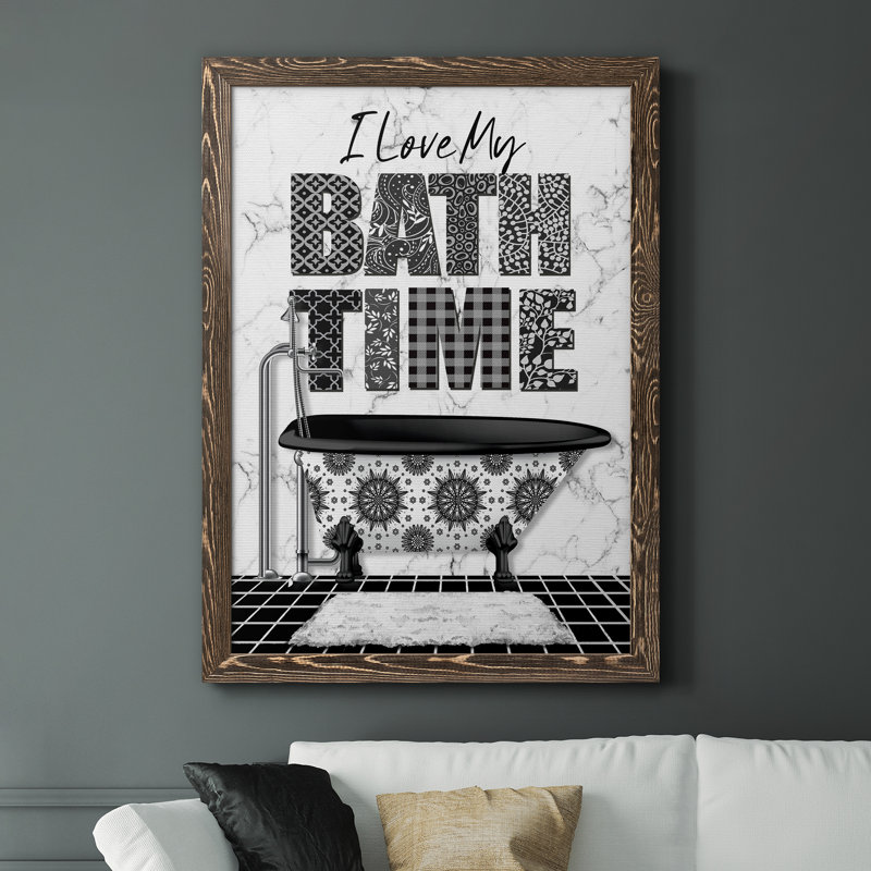 «Bath Time», art textuel sur toile, H 37,5 po x l 27,5 po x P 1,5 po, Encadré de bois de noyer